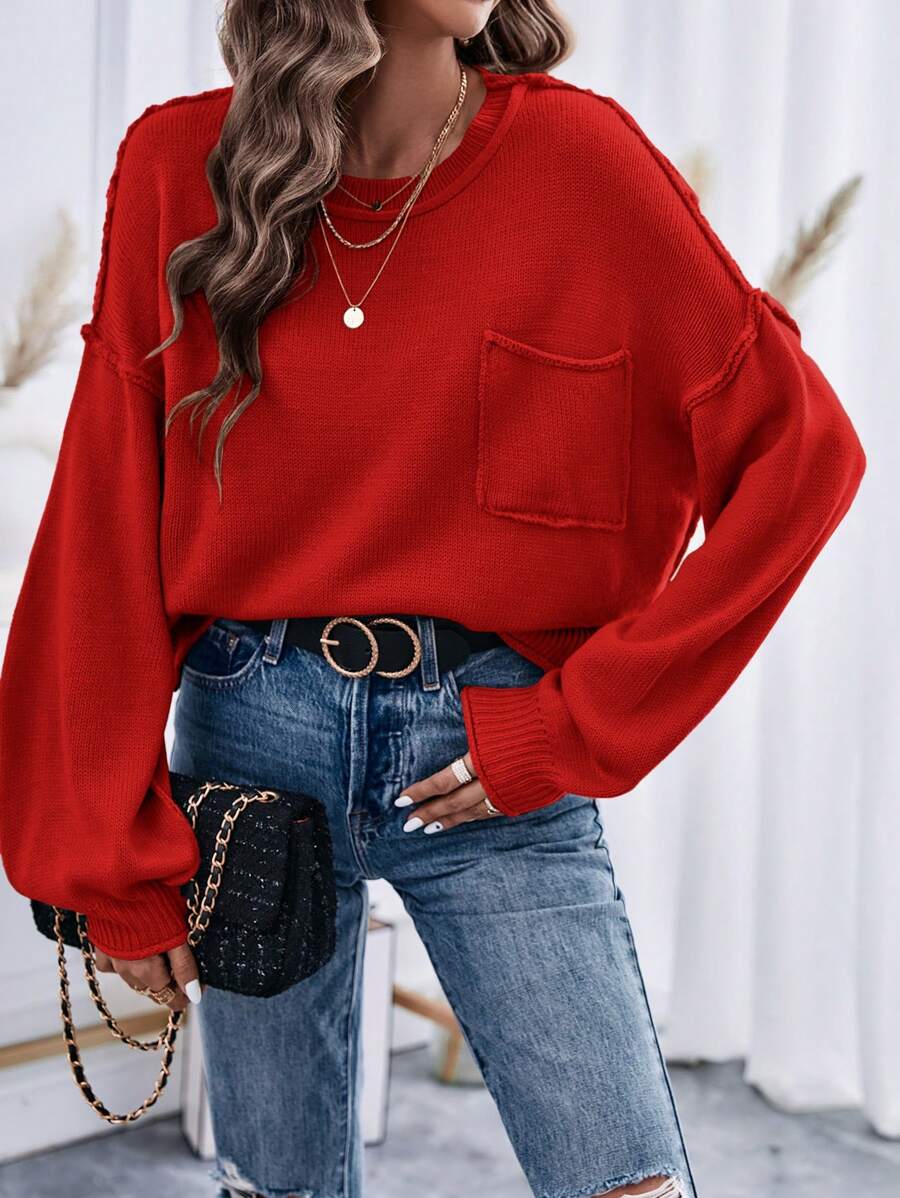 SHEIN Unity Women Solid Color Pocket Round Neck Drop Shoulder Long Sleeve Casual Sweater, Autumn/Winter For New Year Knit Pullover Fall - Red - View 1