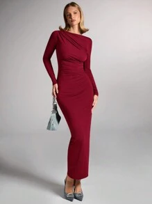 SHEIN BAE 女式秋冬优雅棕色褶饰四面弹力针织修身长袖连衣裙 - 酒紅色 - 查看 5