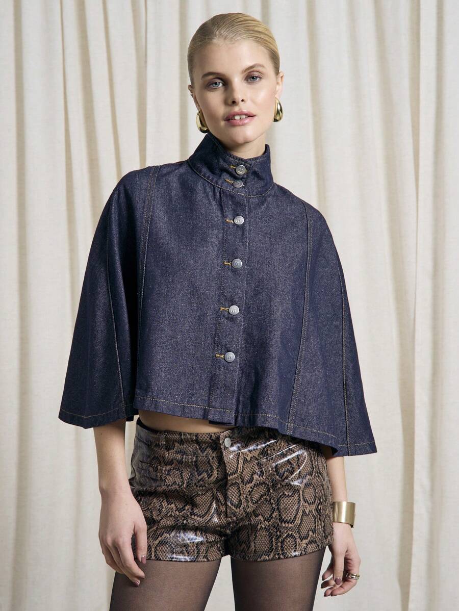 AiiRZ Designer Cape Style Denim Jacket Button Front Stand Collar Cropped Length Fall Winter Fashion Statement Piece Outerwear - Blue - View 1
