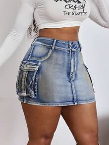 SHEIN EZwear Plus Size Denim Mini Skirt, Casual Fitted Stretch Cargo Style, Blue - Blue - View 3