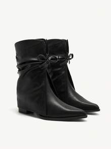 CUCCOO CHICEST Women's Fashion Black Thick Heel Pointy Toe Boots With Bow Decor For Christmas And New Year Holiday