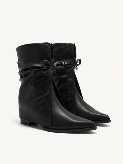 CUCCOO CHICEST Women's Fashion Black Thick Heel Pointy Toe Boots With Bow Decor For Christmas And New Year Holiday