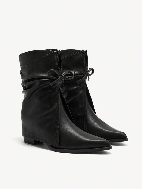 CUCCOO CHICEST Women's Fashion Black Thick Heel Pointy Toe Boots With Bow Decor For Christmas And New Year Holiday