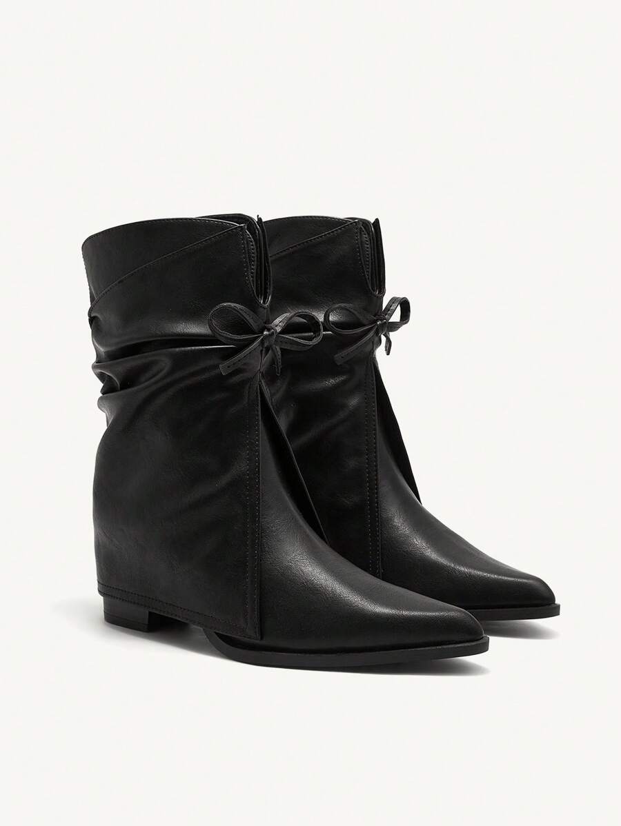 CUCCOO CHICEST Women's Fashion Black Thick Heel Pointy Toe Boots With Bow Decor For Christmas And New Year Holiday