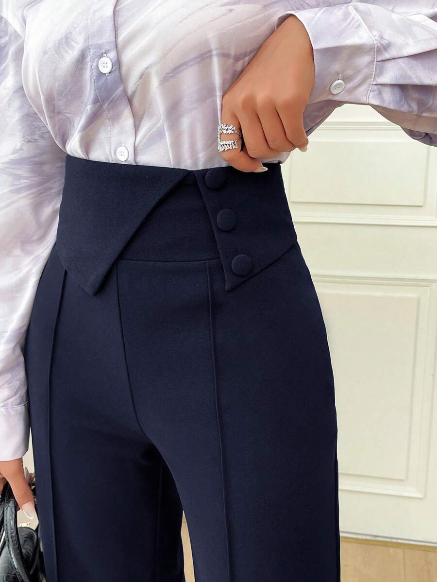 Modelyn Women's Solid Color High Waist Button Design Wide Leg Loose Elegant Dress Pants In Fall/Winter - Navy Blue - View 1