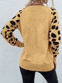 SHEIN LUNE Women Round Neck Long Sleeve Dalmatian Patchwork Minimal Casual Pullover Sweater Knit Pullover Fall Winter - Khaki - View 2