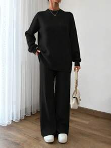 EURMUSE 2pcs Set Ribbed Textured Knitted Sweater With Funnel Neck Long Sleeve Top & Pants - Black - View 6