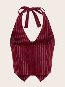SHEIN EZwear Summer Outfits Striped Print Button Front Halter Top - Burgundy - View 2