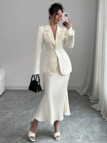 Elenzga 1 Set Solid Color Single Button Long Sleeve Blazer And A-Line Skirt Elegant Suit