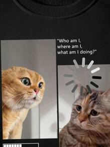 SHEIN EZwear Cat Face & Slogan Graphic Print Regular Fit Crew Neck Women Sweatshirt - Black - View 6