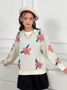 Pull ample à col rond avec décoration au crochet, motif floral, épaules tombantes pour filles pré-adolescentes. Pull-over ample, convient pour l'automne et l'hiver - Nude - Voir 1