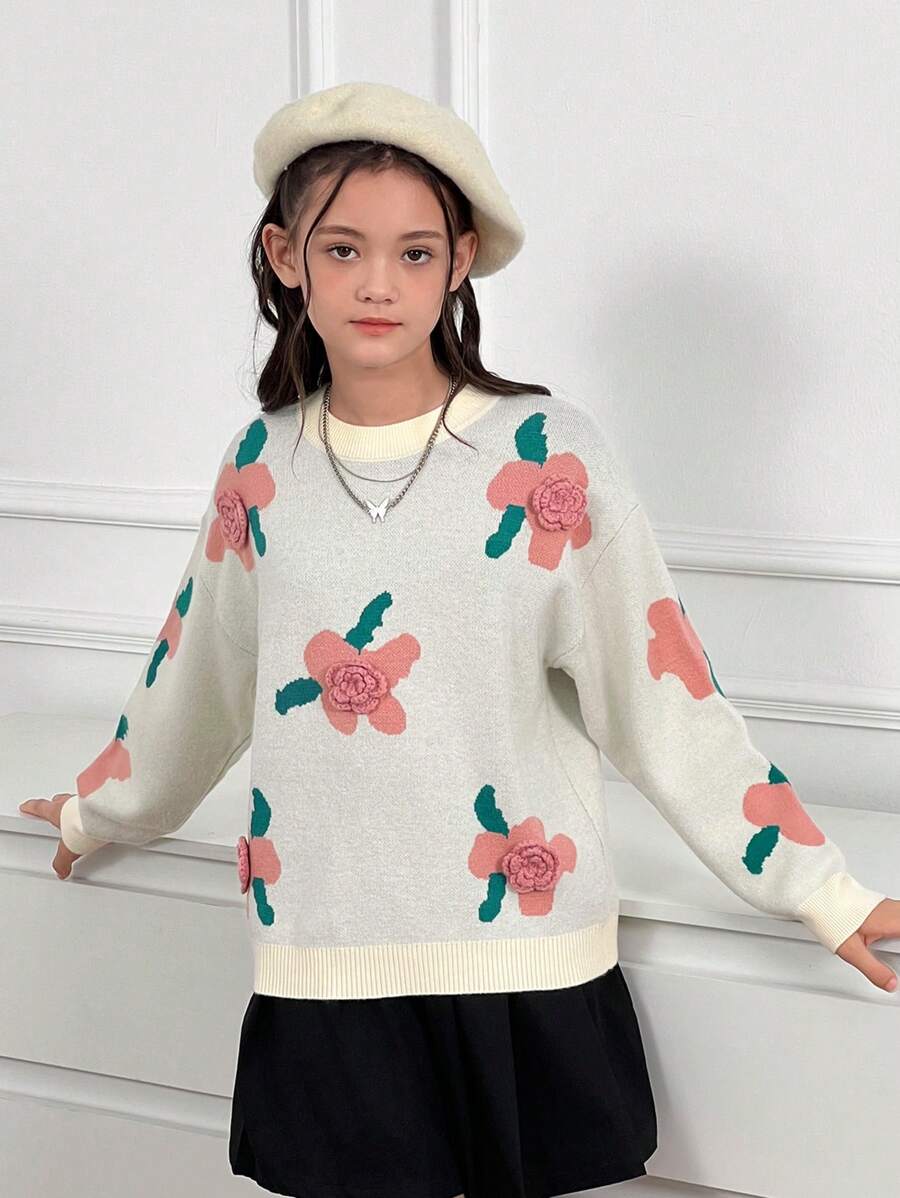 Pull ample à col rond avec décoration au crochet, motif floral, épaules tombantes pour filles pré-adolescentes. Pull-over ample, convient pour l'automne et l'hiver - Nude - Voir 1