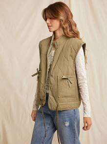 WESTFADE Spring Bow Pockets Quilted Puffer Vest Top Nashville Outfits - Army Green - View 6