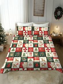 2/3 pièces Ensemble de literie de Noël, couette en microfibre douce à imprimé numérique avec motifs du père Noël, traîneau, bonhomme de neige, cloches, rennes, pins et sapin de Noël. Convient pour la chambre, la chambre d'amis, la salle de jeux, l'hôtel, le dortoir