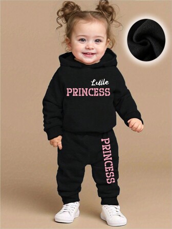 2 pièces/Set sweat-shirt à capuche imprimé lettre et pantalon de style décontracté pour bébé fille, style moderne, doublure thermique, automne et hiver