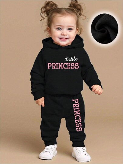 2pcs/Set Baby Girl Casual Letter Print Hoodie Sweatshirt And Pants Set, Modern Style, Thermal Lined, Autumn & Winter