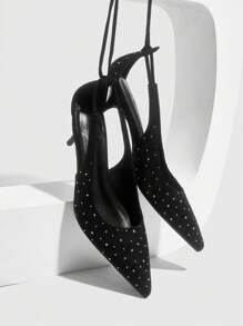 CUCCOO SZL Pointed Toe High Heel Black Suede-Like + Rhinestone Decor Elegant Evening Party Women Pumps