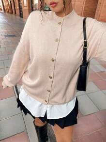 Calvaya Plus Size Women Solid Color Casual Metal Guzik Nietoperz Rękaw Kardigan