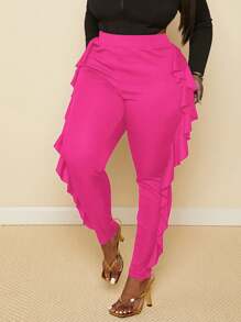 Slaydiva Plus Size Elegant & Party Solid Color Fitted Side Ruffle Splice Ribbed Fabric Maxi Pants For Women - Hot Pink - View 5