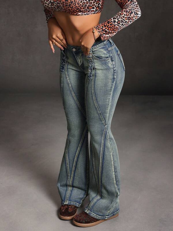 SHEIN SXY Jeans de mujer de pierna acampanada con efecto desgastado y ajuste delgado