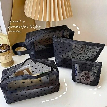 1PC Heart Print Mesh Makeup Bag Set Toiletry Cosmetic Purse With Zipper Portable Storage Organizer For Home Office Travel Christmas Gift Boho Black