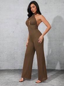 Denimoi Mono de pierna ancha con cuello de halter para mujeres en temporada de otoño - Caqui - Ver 6