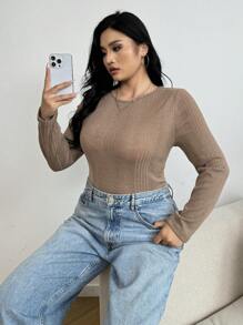 SHEIN EZwear Plus Size Women Casual Solid Color Knit T-Shirt - Camel - View 5