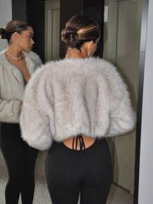 SHEIN ICON Abrigo de mujer para invierno Atuendo de Año Nuevo Chaqueta larga de manga larga con frente abierto y peludo para fiesta de unicolor, para otoño/invierno