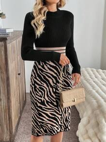 SHEIN Clasi Unique Stylish Zebra Print Knitted Dress, Niche Design, Fashionable & Charming Look For Women