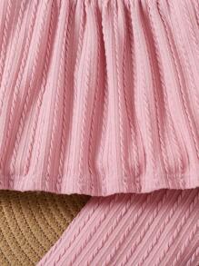 2pcs Young Girl Lotus Root Pink Thick Cable Knit Ruffle Decor Leisure Comfortable Fashion Essential Long Pants And Long Sleeve Pajama Set, Autumn/Winter