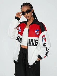 Coolane Veste bomber tendance pour femmes avec graphique lettrage et bord rayé à épaules tombantes
