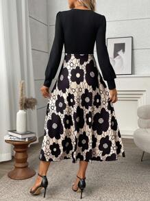 SHEIN Clasi Black Floral Print Patchwork Elegant Dress, For Autumn