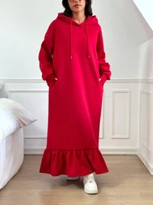 Muchica Women's Casual Solid Color Drawstring Hooded Sweatshirt Dress For Autumn/Winter - Red - View 5
