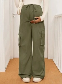 SHEIN Adjustable Waist Maternity Casual Pants With Pockets, Solid Color Wide Leg Loose Style