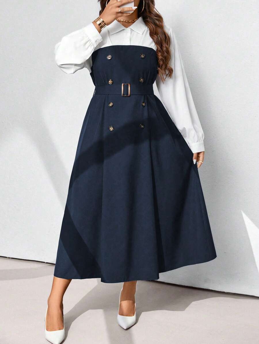 Calvaya Plus Size Solid Color Patchwork Front Button Long Sleeve Simple Casual Dress Maxi Women Outfit Fall Cloth For Women