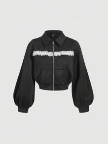 SHEIN MOD Bluza z kołnierzykiem, długim rękawem, zamkiem błyskawicznym, falbanką i krótkim rękawem - Czarne - Zobacz 1