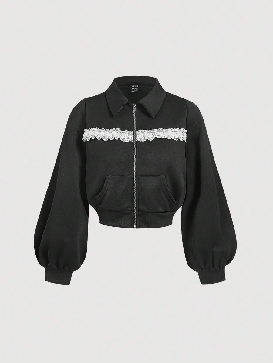 SHEIN MOD Bluza z kołnierzykiem, długim rękawem, zamkiem błyskawicznym, falbanką i krótkim rękawem - Czarne - Zobacz 1