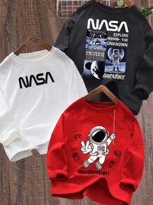 SHEIN Leap Crew 3pcs/Set Teen Boys' Casual Printed Pattern Crew Neck Long Sleeve Knit T-Shirt, 3 Designs One Set, Suitable For Daily, Leisure, Travel, Sports, Spring/Summer/Autumn/Winter - Red - View 1