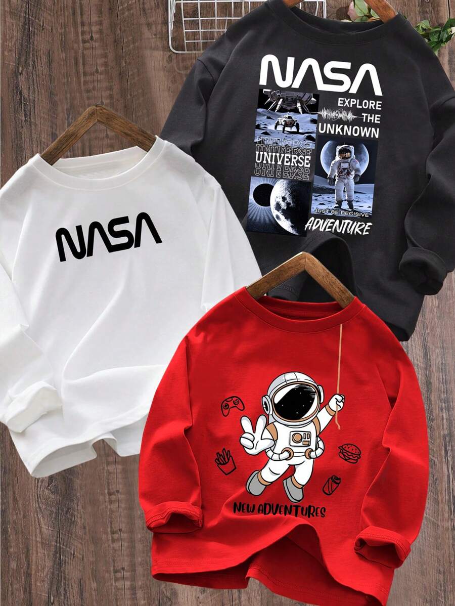 SHEIN Leap Crew 3pcs/Set Teen Boys' Casual Printed Pattern Crew Neck Long Sleeve Knit T-Shirt, 3 Designs One Set, Suitable For Daily, Leisure, Travel, Sports, Spring/Summer/Autumn/Winter - Red - View 1