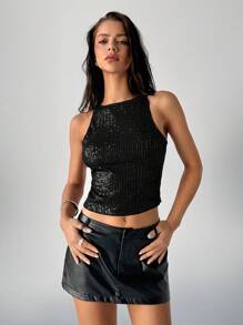 Aloruh Top corto y ajustado con cuello redondo y decoración de lentejuelas brillantes de unicolor para mujer - Negro - Ver 7