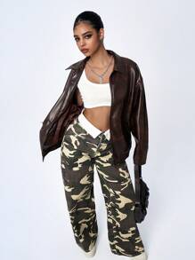 SHEIN ICON Jeans sueltos y holgados de estilo casual con cintura plegable y estampado de camuflaje, estilo versátil, para mujer - Jeanoix