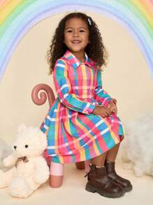 SHEIN Young Girl Woven Plaid Collared Ruffle Hem Loose Casual Dress