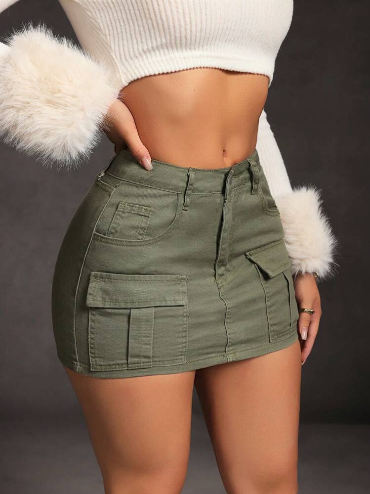 SHEIN SXY Casual Solid Color Slim-Fit Mini Denim Skirt - Army Green - View 1