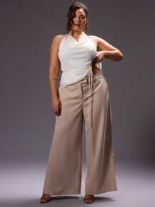 MUSERA Plus Size Split Hem Tailored Trousers For Work, Workwear, Business Casual, Elegant, Casual ,Classy Summer - Grey - View 1