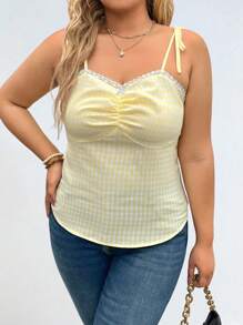 Flirla Amarelo Xadrez Tecido Criss-Cross Strap Backless Sexy Patchwork Renda Guarnição Mulheres Regata - Amarelo - Ver 6