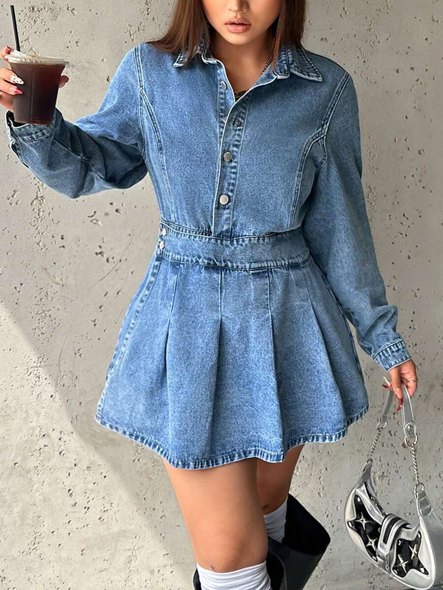 SHEIN Essnce 大码性感牛仔连体裤，蓝色长袖连体衣 - 中等水洗藍 - 查看 1