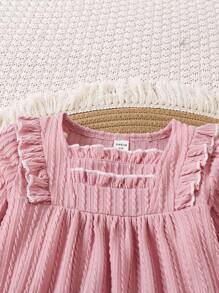 2pcs Young Girl Lotus Root Pink Thick Cable Knit Ruffle Decor Leisure Comfortable Fashion Essential Long Pants And Long Sleeve Pajama Set, Autumn/Winter