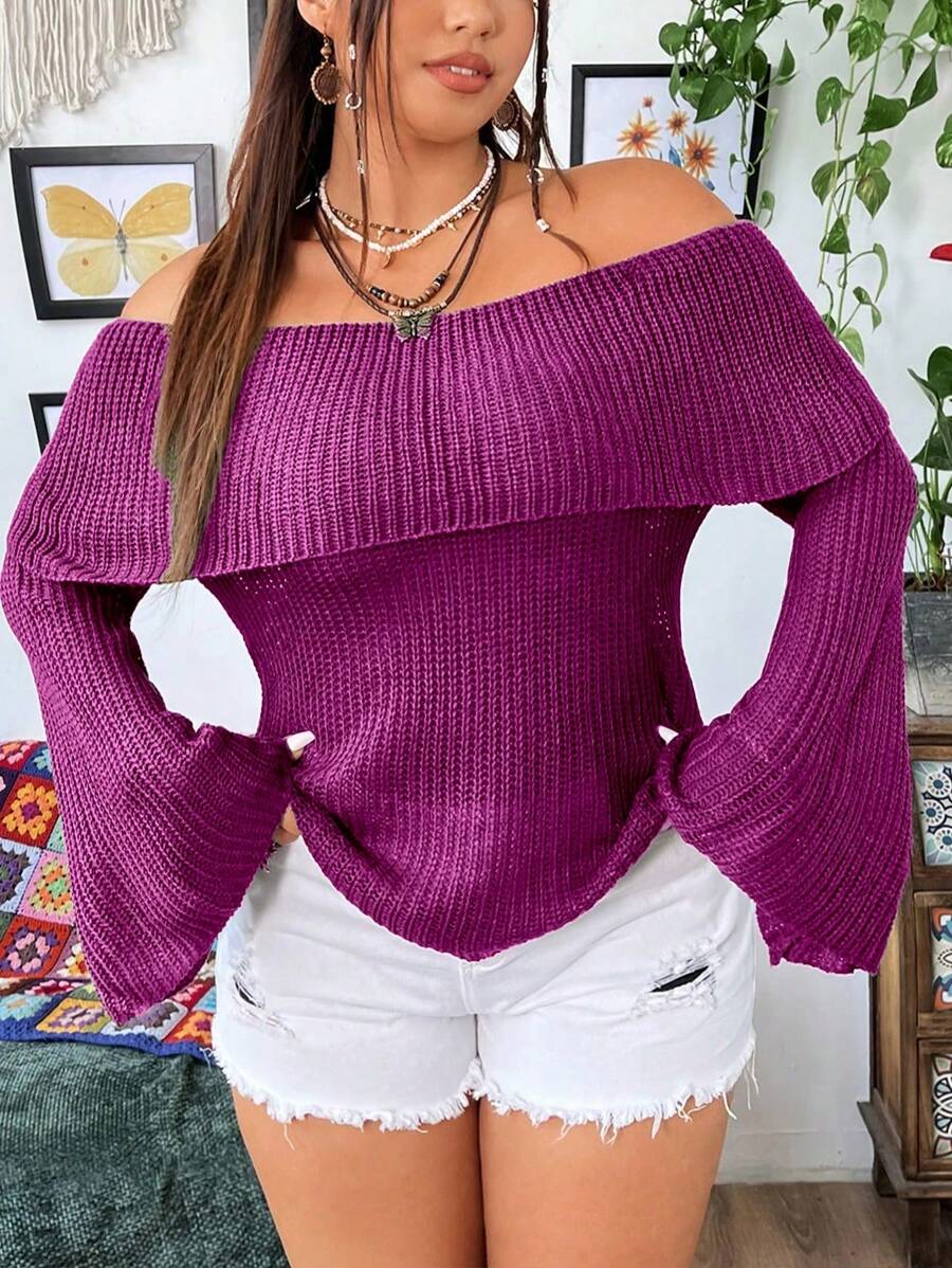 Flirla 大码女式休闲翻边露肩喇叭袖套头毛衣针织衫秋冬款 - 紫色 - 查看 1