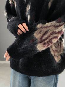 FRIFUL Women Crew Neck Long Sleeve Pattern Detail Casual Loose Knit Sweater,Fall Women Clothes