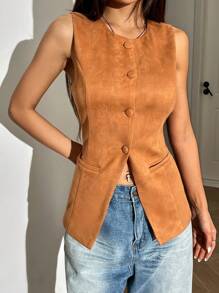 SHEIN EZwear Women Single-Breasted Plain Vest Jacket, Autumn - Brown - View 4